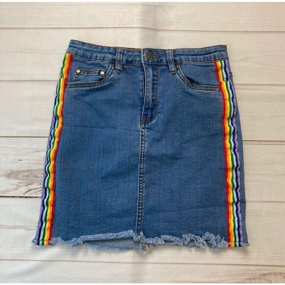 Forever 21 Rainbow Stripe Denim Skirt Size Small - Picture 1 of 6